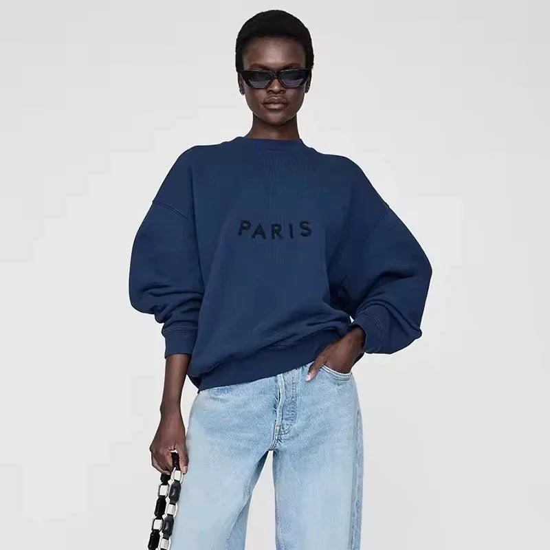 Dam sweatshirt grå med "PARIS" tryck rund hals oversized