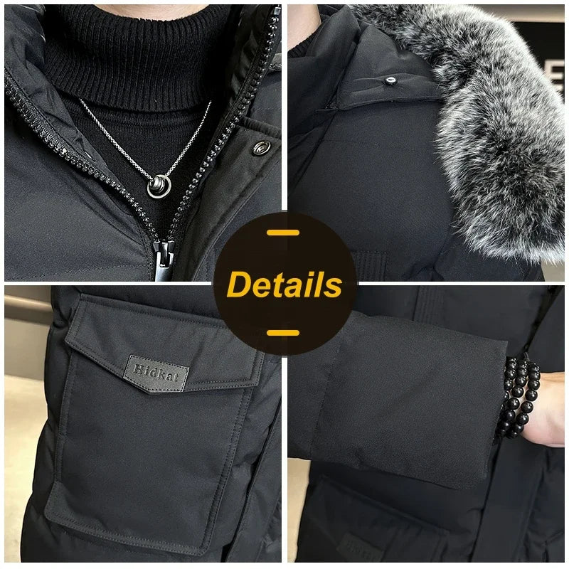 Herr vinterjacka vadderad med fuskpäls huva, lång modell
