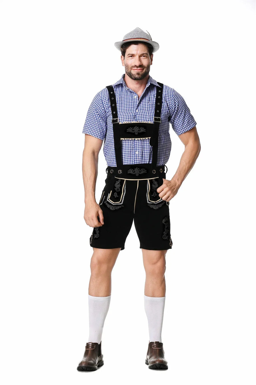 Herr Oktoberfest Lederhosen-set med skjorta, hängslen och hatt, broderade korta byxor