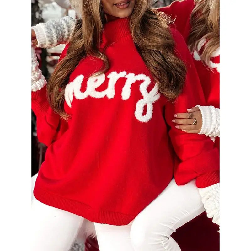 Röd Jultröja med "Merry" Text och Snöflinga