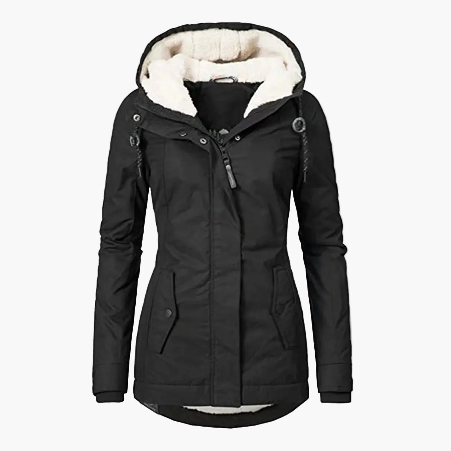 Damjacka med huva och varm foder – elegant vardagsjacka för höst och vinter