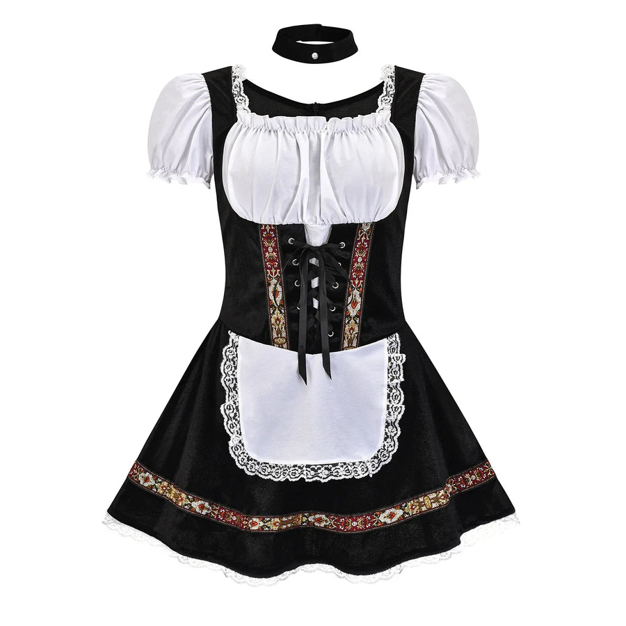 Dam Oktoberfest Klänning Dirndl-stil med Snörning och Förkläde Vinröd