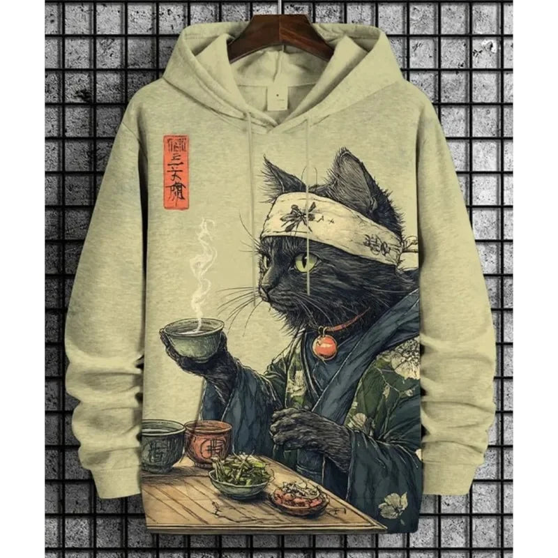 Hoodie med kattmotiv, tryck och huva, lång ärm