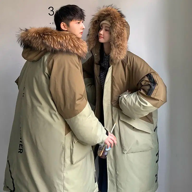 Unisex Lång Vinterjacka med Konstpälsfodrad Huva och Tvåfärgad Design