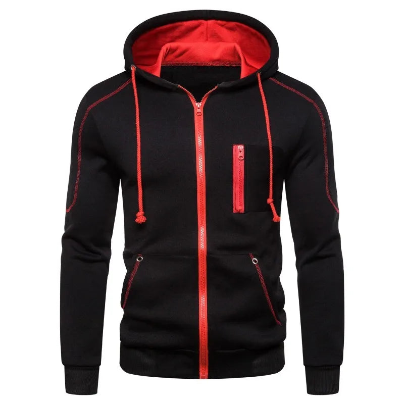 Herrhoodie med dragkedja, huva och kontrastfärgade detaljer