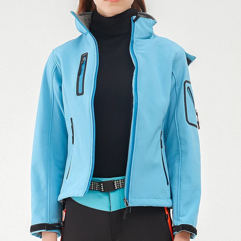 Varm Vinterjacka Dam Softshell med Huva och Fickor, Vindtät Vattenavvisande Friluftsjacka