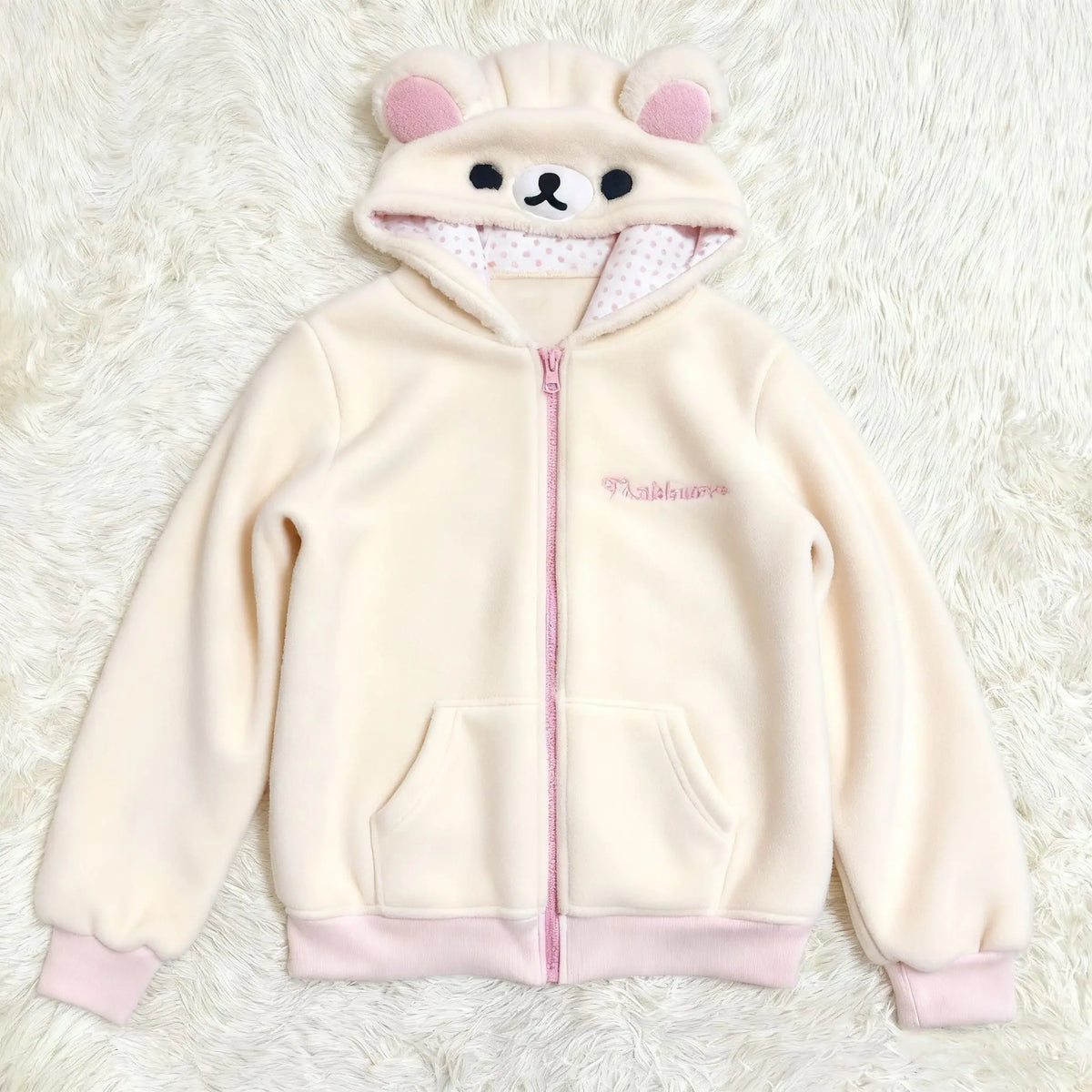 Mjuk fluffig hoodie med björnansikte och öron, beige-rosa