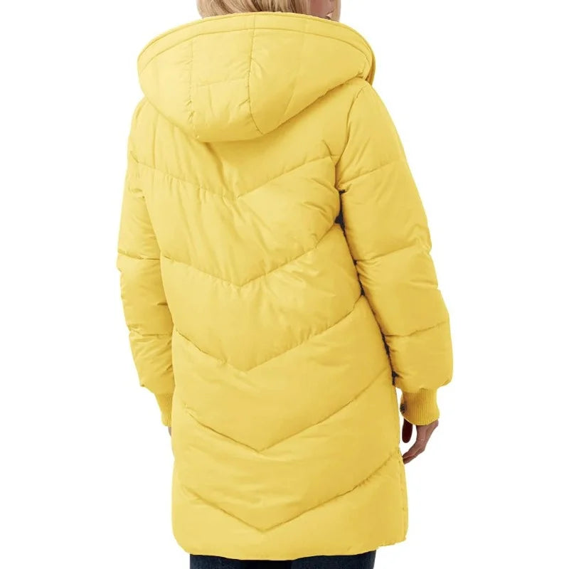 Lång vadderad vinterjacka med huva och teddyfoder för dam, flera färger
