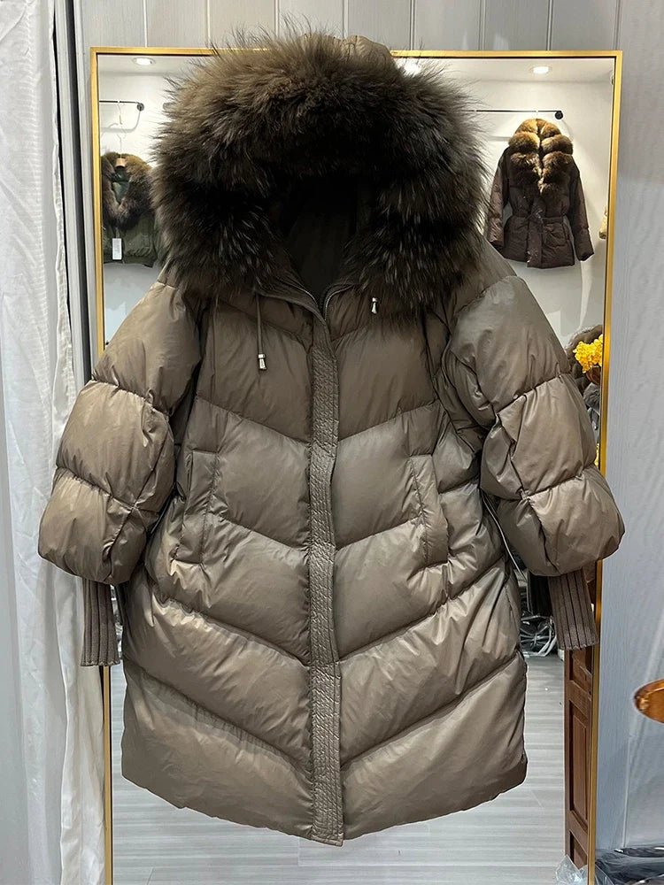 Varm dunjacka med huva och pälskant för kvinnor, vadderad vinterkappa