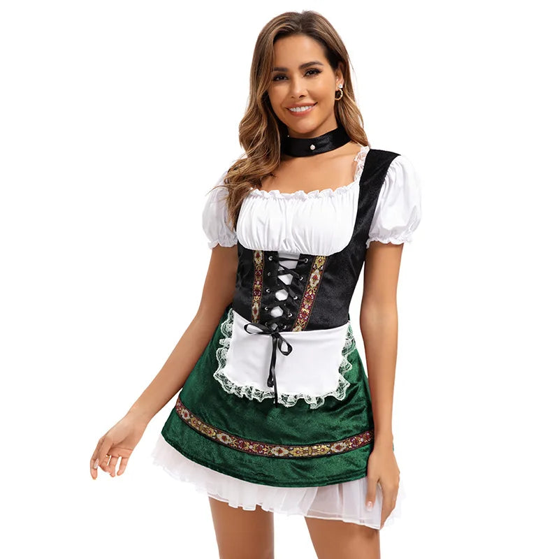 Dam Oktoberfest Klänning Dirndl-stil med Snörning och Förkläde Vinröd
