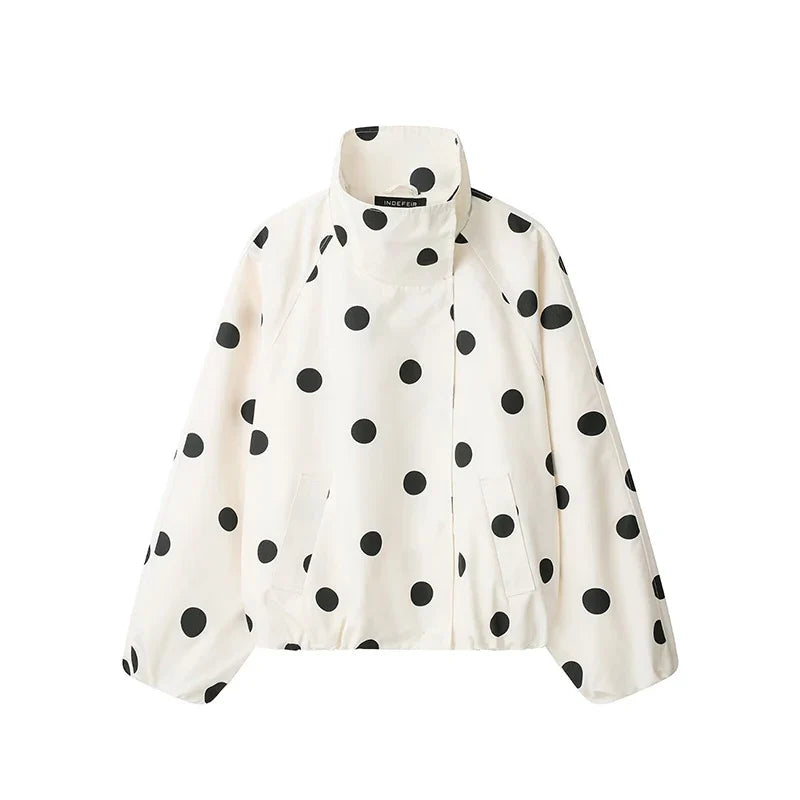 Prickig bomberjacka med hög krage och ballongärmar, beige/svart