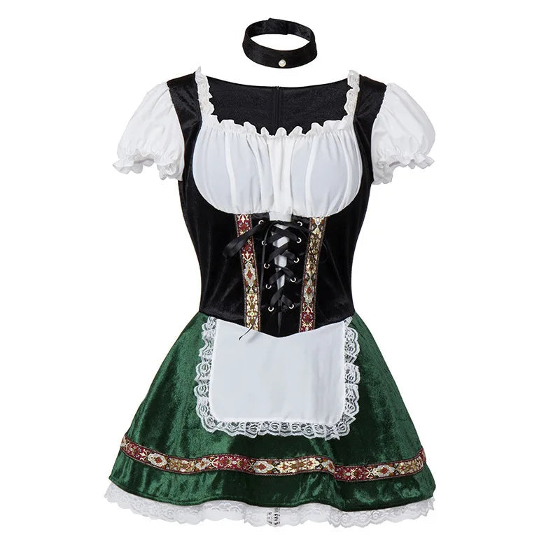 Dam Oktoberfest Klänning Dirndl-stil med Snörning och Förkläde Vinröd