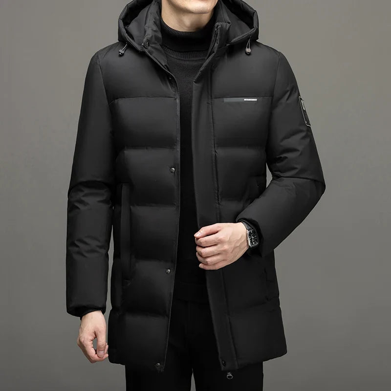 Herr Lång Dunjacka Vinter Varm Parkas med Huva