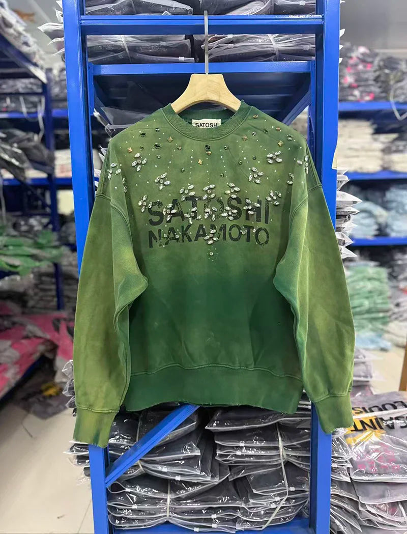 Unisex Tröja med Kristalldekoration och Ombré-Effekt, Långärmad Sweatshirt