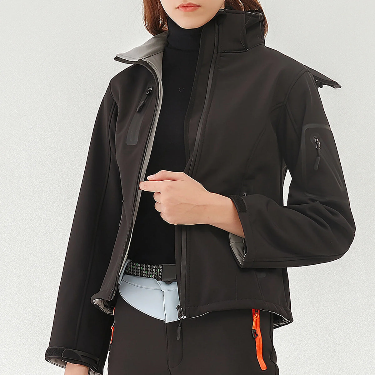Varm Vinterjacka Dam Softshell med Huva och Fickor, Vindtät Vattenavvisande Friluftsjacka