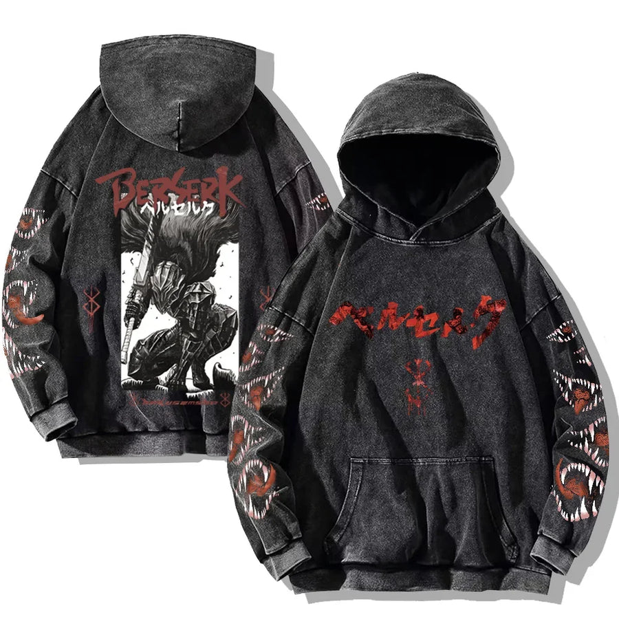 Svart huvtröja med tvättad look och tryck, Unisex Berserk-inspirerad hoodie