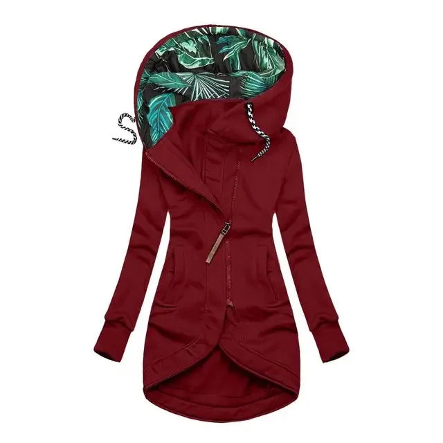 Damhoodie med dragkedja och mönstrad luva, lång modell