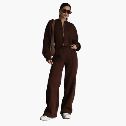 Damers Loungewear Set med Vid Passform – Avslappnad Träningsdräkt med Dragkedja och Vida Byxor