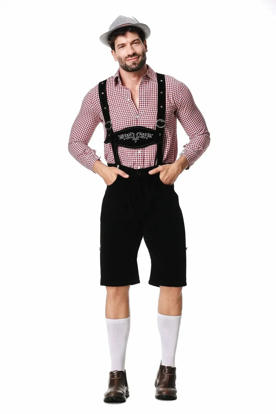 Lederhosen-inspirerad maskeradkostym med rutig skjorta och hängslen för män