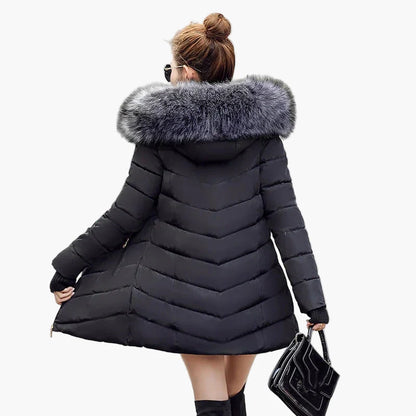Dam Vinterjacka med Stora Pälskrage och Figursydd Design – Elegant Varm Parkas för Kalla Dagar