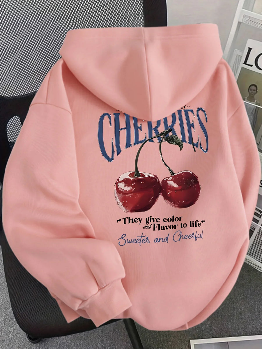 Hoodie med körsbärstryck, mjuk och bekväm i fleeceliknande material, avslappnad passform