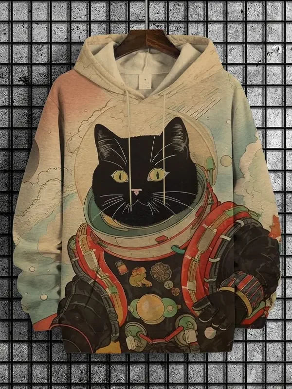 Hoodie med kattmotiv, tryck och huva, lång ärm