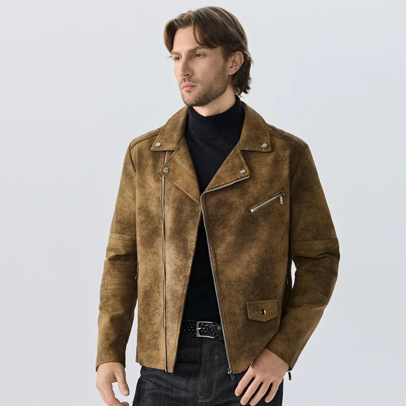 Brun herrjacka i bikerstil med dragkedja