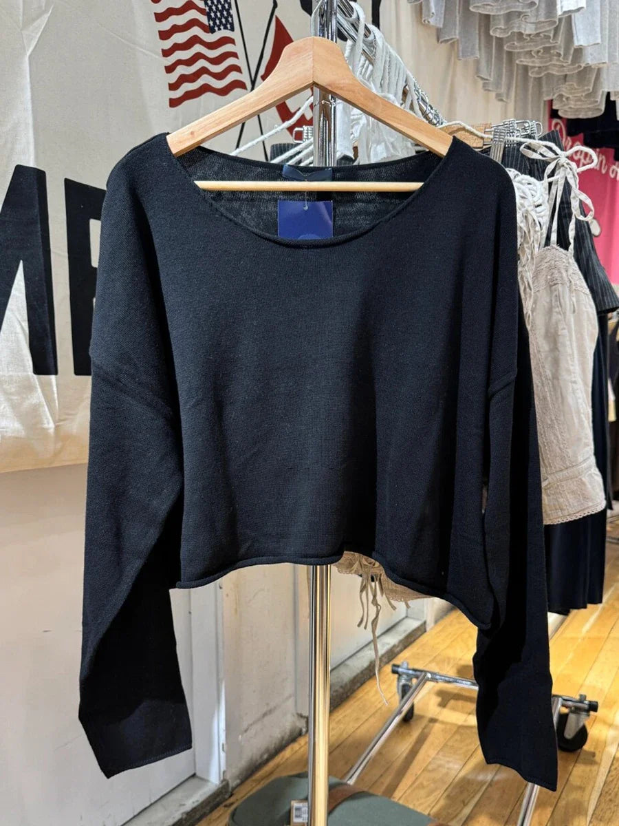 Vid Halsringad Långärmad Tröja Crop Top Grå