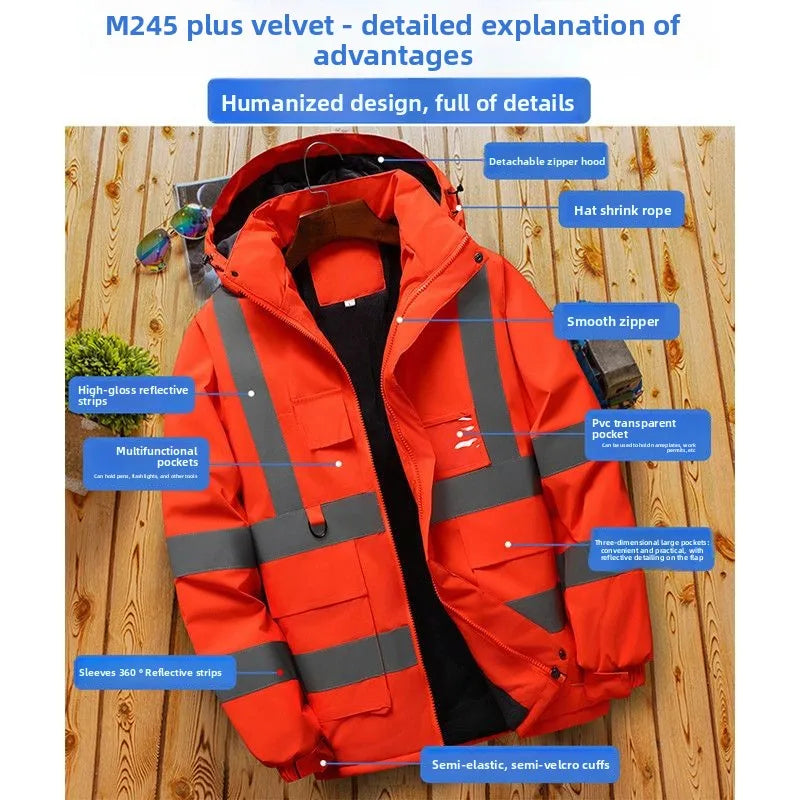 Varm vinterjacka med huva och reflexdetaljer, fleecefodrad, röd