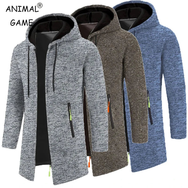 Mönstrad lång hooded cardigan med dragkedja för män