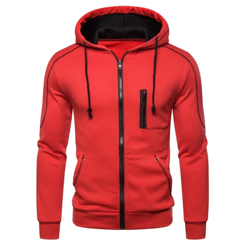 Herrhoodie med dragkedja, huva och kontrastfärgade detaljer