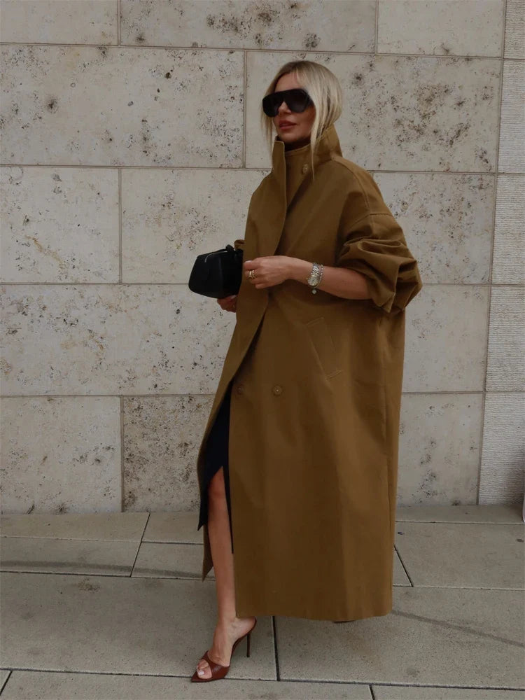 Dam Trenchcoat Lång, Överdimensionerad i Svart med Hög Krage och Bälte