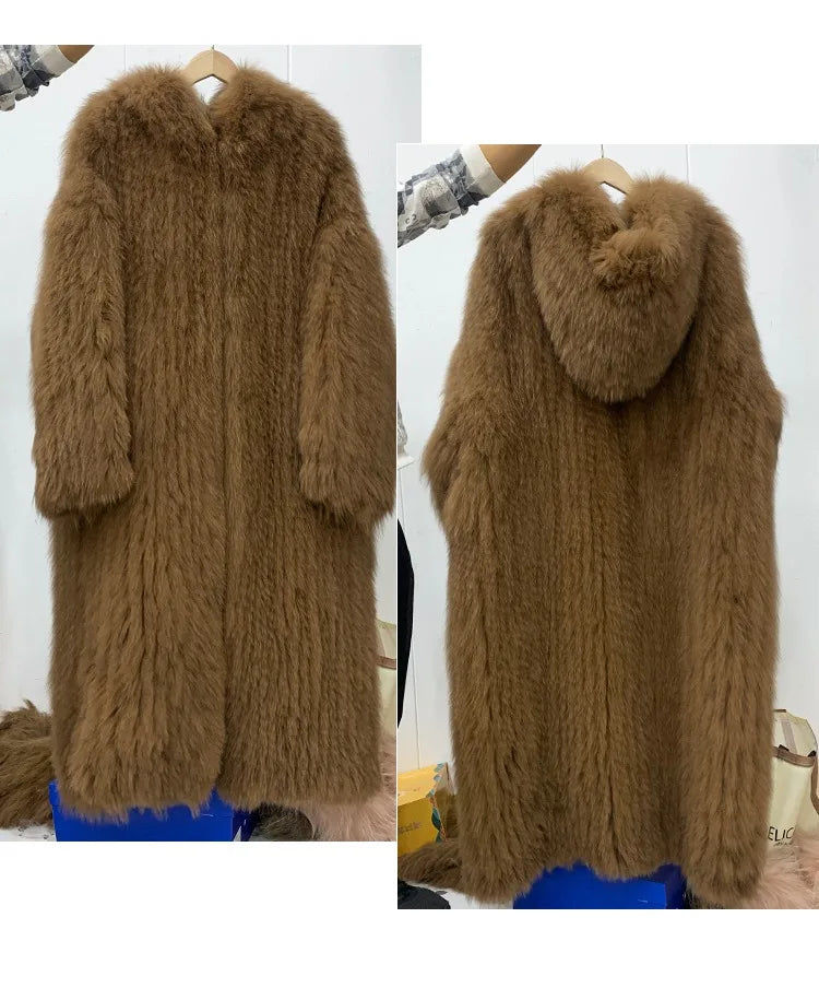 Lång fauxpälsjacka med huva för dam