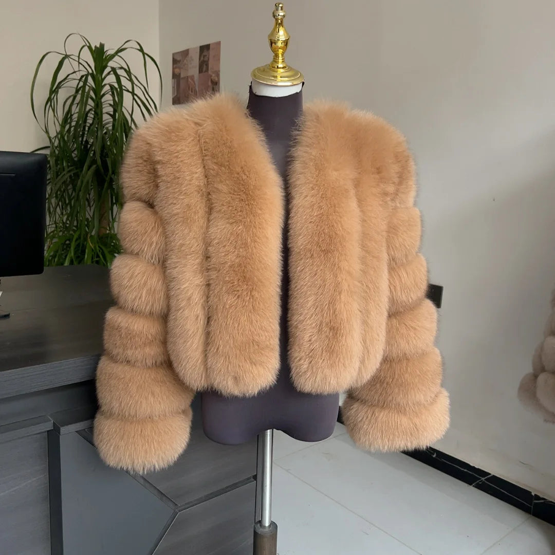 Kort fluffig fuskpälsjacka för dam, öppen design, flerfärgad