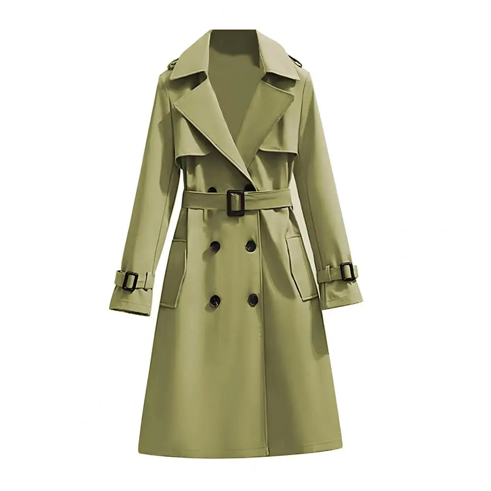 Klassisk Trenchcoat för Dam, Lång Dubbelknäppt Kappa med Bälte