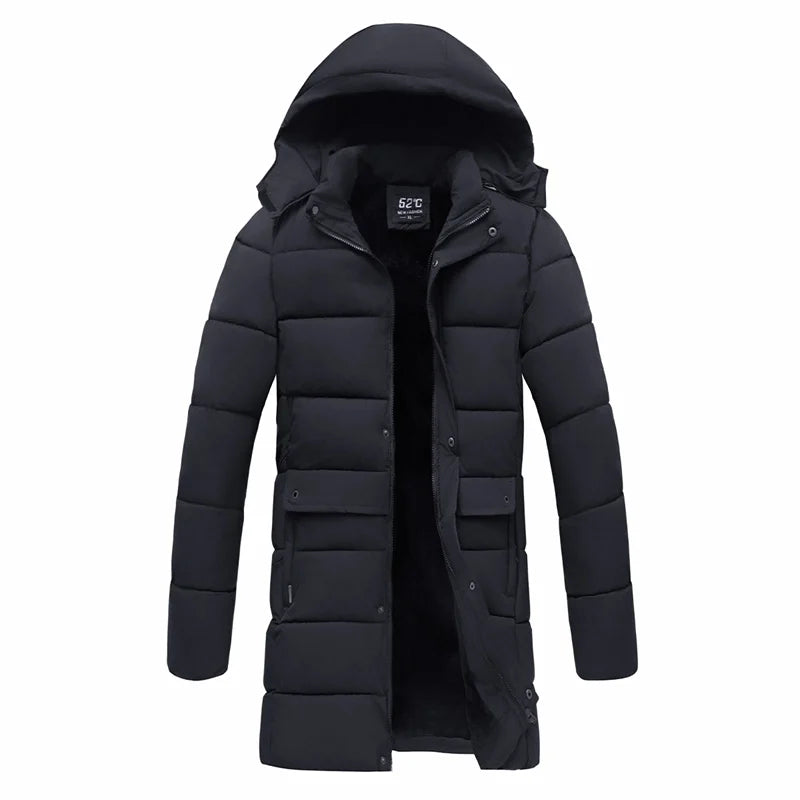 Herr Lång Dunjacka Vinter Varm Parkas med Luva Svarta Fickor