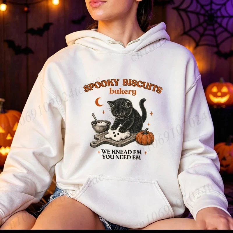 Halloween Hoodie med Katter och Pumpor, Långärmad Tröja med Tryck