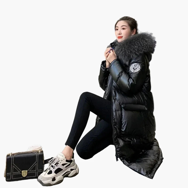 Dam Vinterjacka Lång Puffer Med Stor Pälsluva – Elegant Värmande Kappa För Kalla Dagar