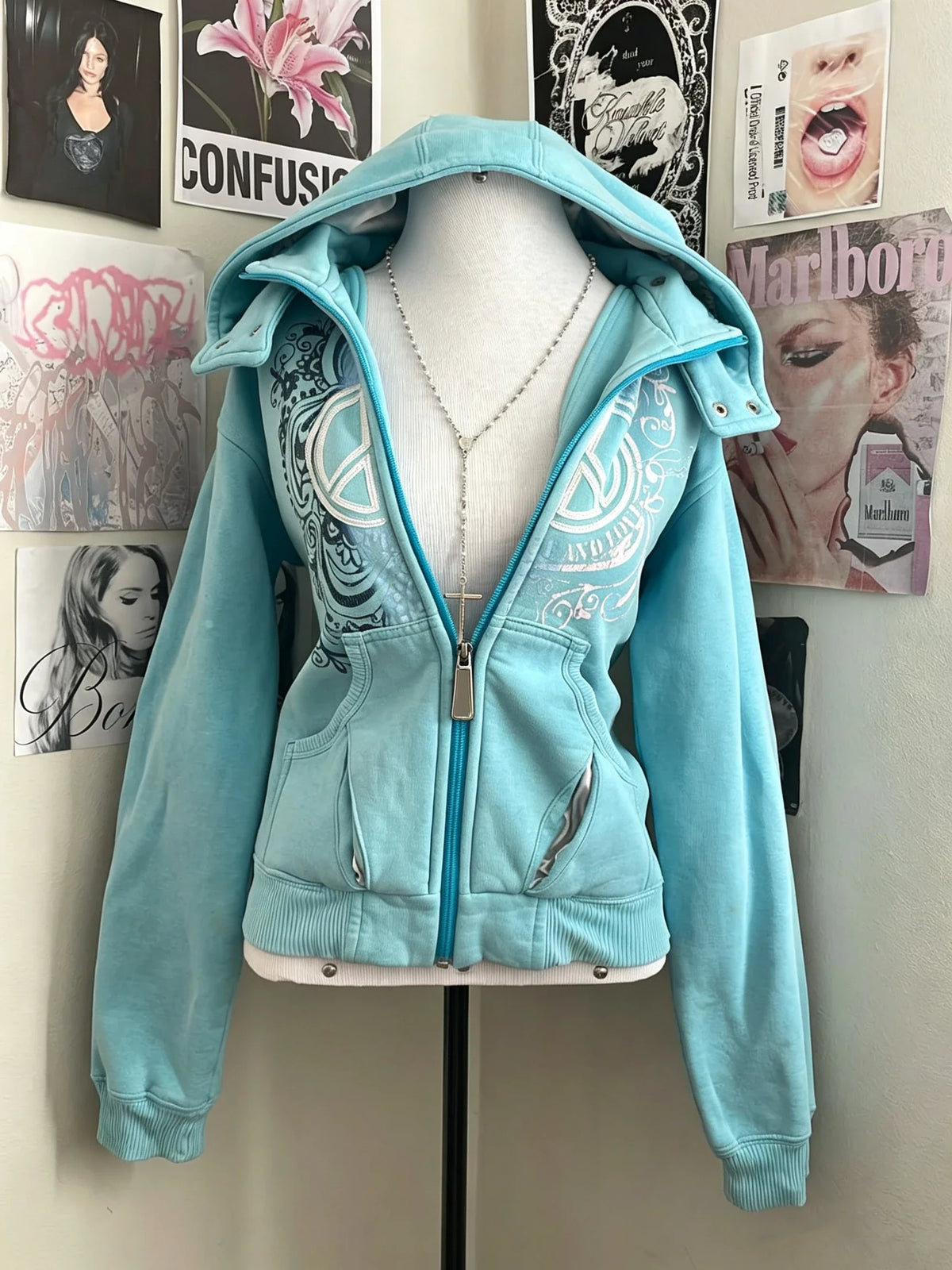 Turkos Hoodie med Dragkedja och Mönster