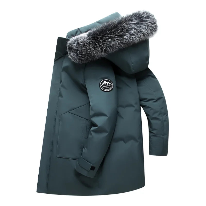 Herr Lång Vinterjacka med Pälskantad Huva, Knappar och Dragkedja