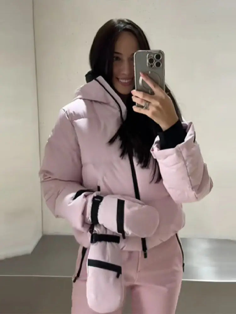 Rosa vinterjacka och byxor set med luva och fuskpälsfodrade handskar