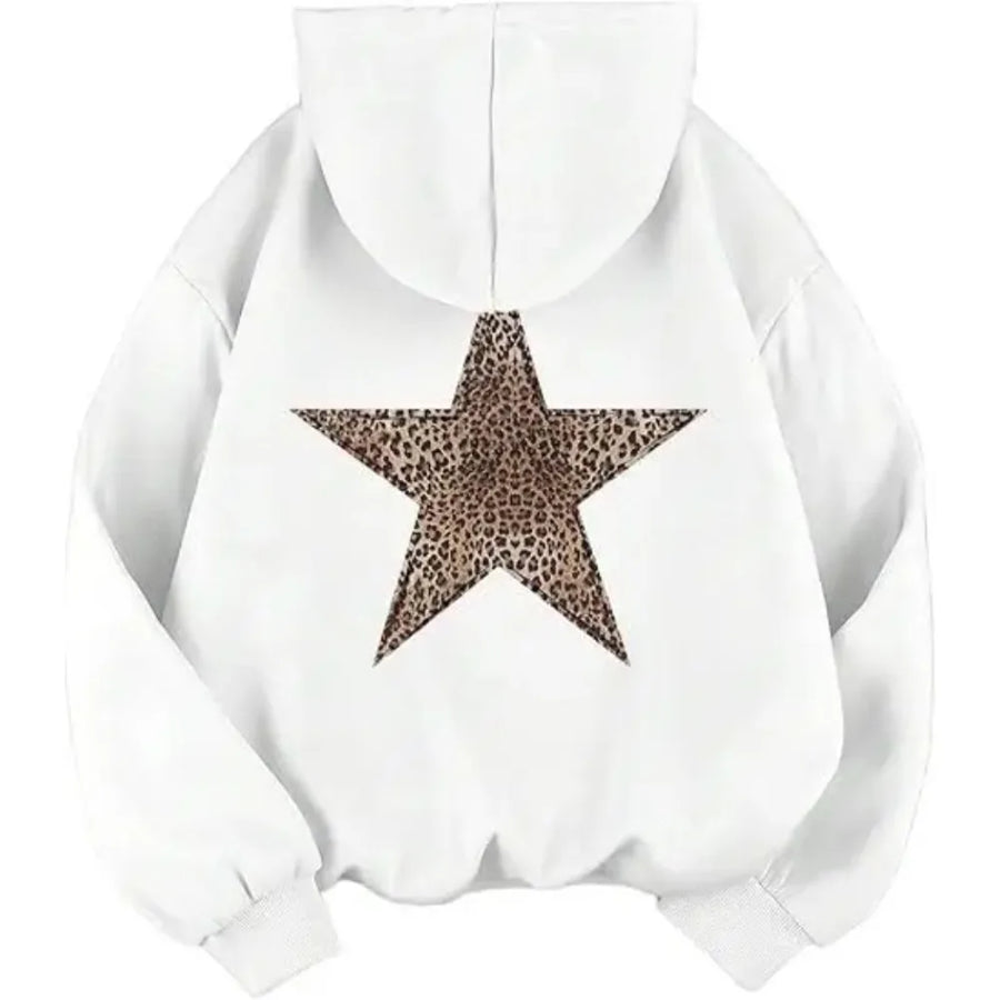 Hoodie med leopardmönstrad stjärna på ryggen, oversized passform