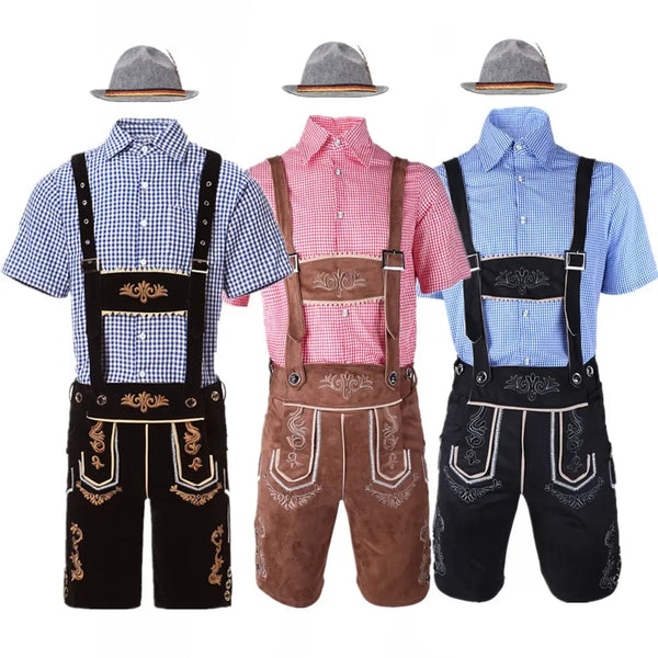 Herr Oktoberfest Lederhosen-set med skjorta, hängslen och hatt, broderade korta byxor