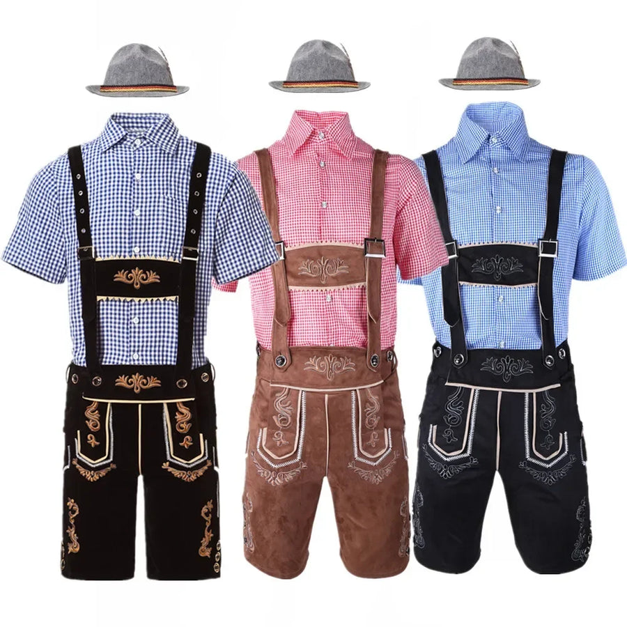 Herr Oktoberfest Lederhosen-set med skjorta, hängslen och hatt, broderade korta byxor