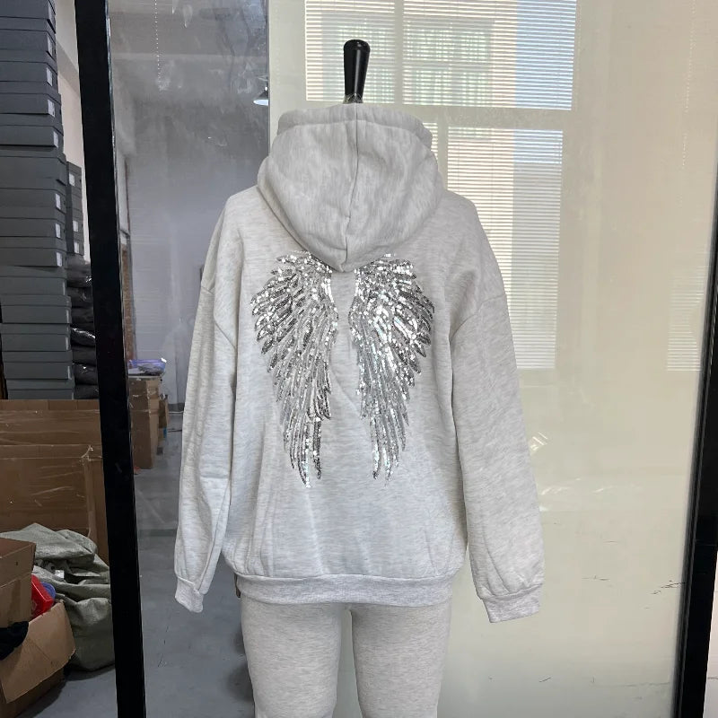 Dam Hoodie med Paljettvingar, Långärmad, Svart, Marinblå, Grå