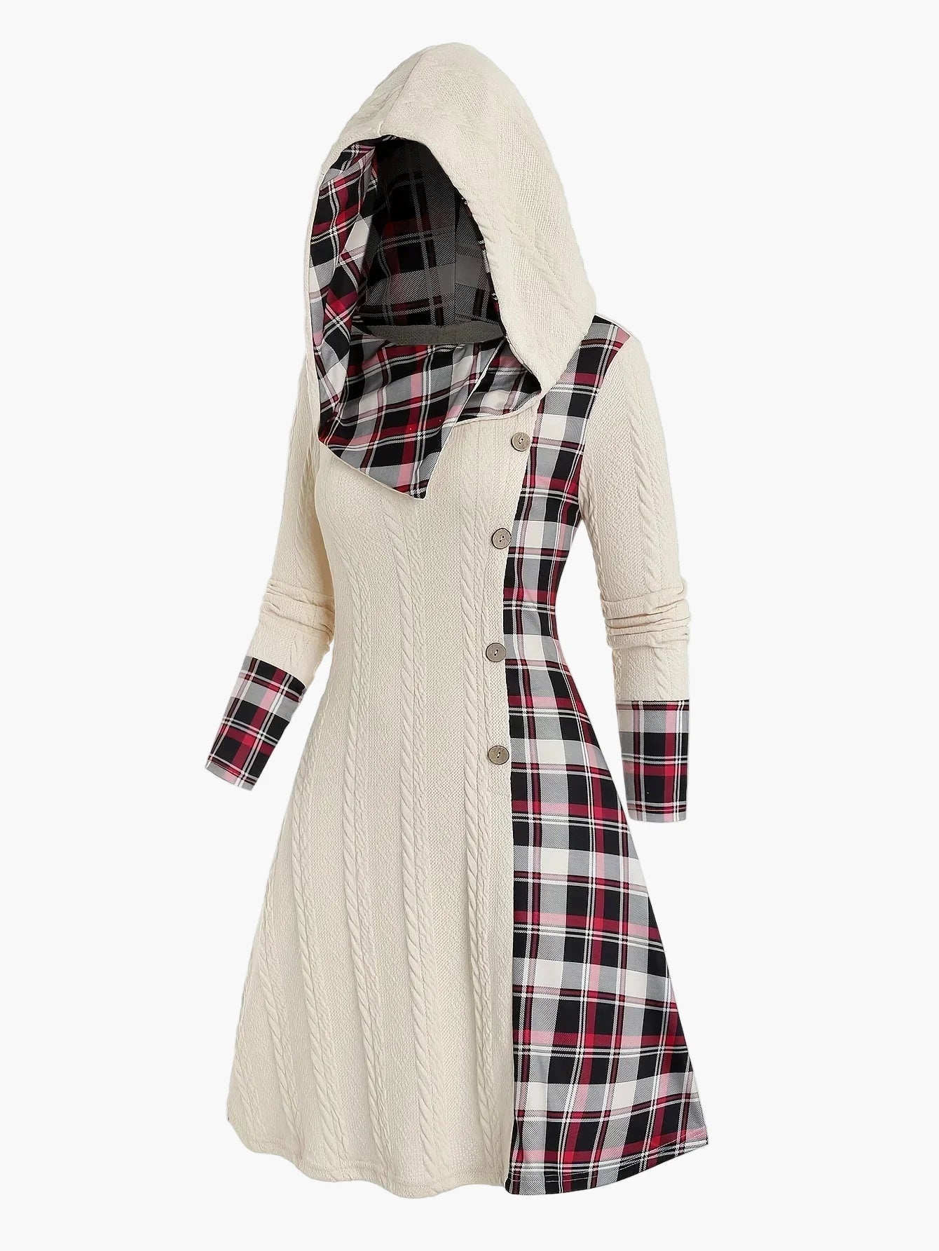 Damklänning med huva och knappdetaljer – Vintage stickad klänning med rutigt mönster, perfekt för höst och vinter