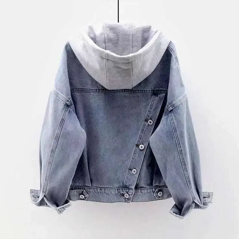 Blå denimjacka med grå avtagbar luva, lös passform