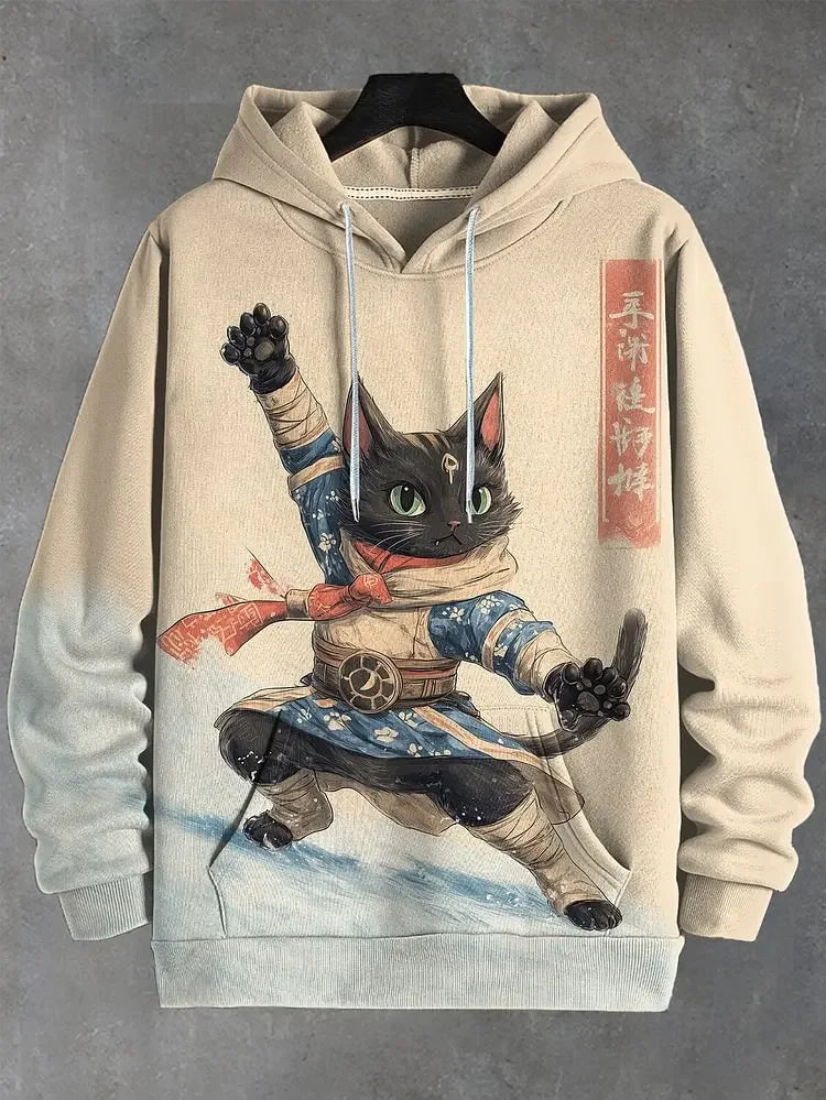Hoodie med kattmotiv, tryck och huva, lång ärm