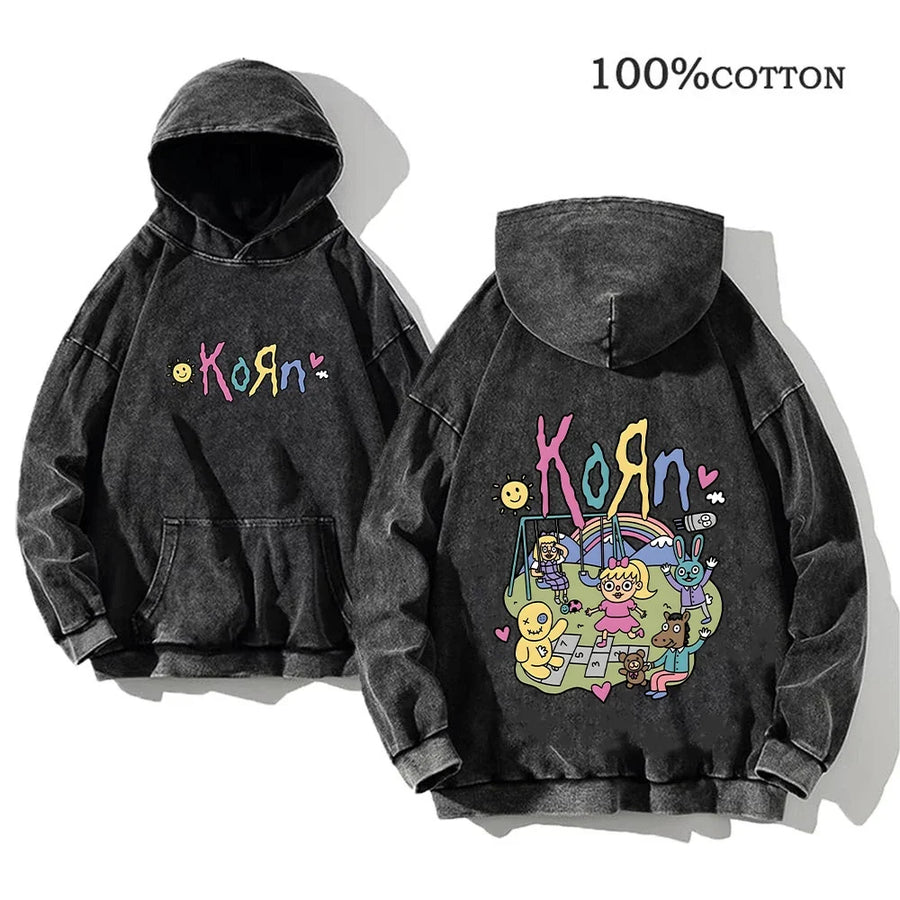 Unisex Huvtröja Oversize Grå Med Tryck och Känguruficka