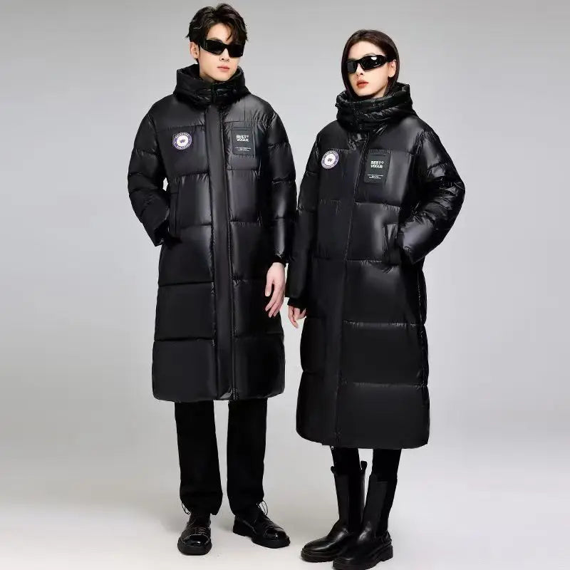 Svart Vinterjacka Lång Pufferjacka med Huva Unisex